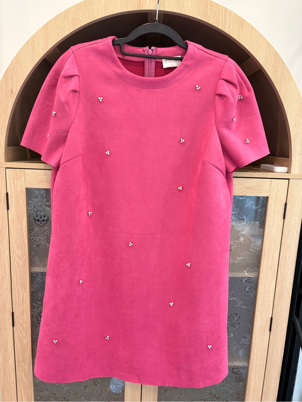 Fate Pink Pearl-Accent Puff-Sleeve Shift Dress